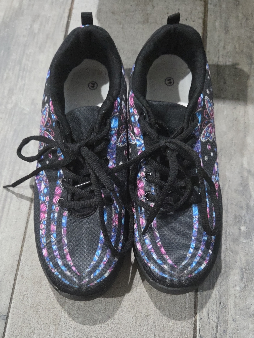 Source Unknown Black Lace-Up Sneakers with Pink & Blue Floral Accents Size 10.5